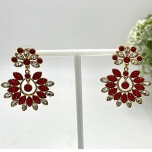 Amrita Singh Red Cabochon and Rhinestone Sunburst Chandelier Earrings